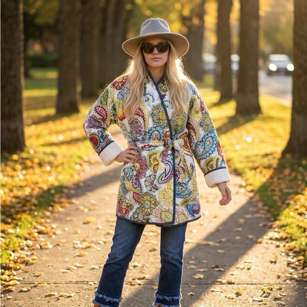 Women’s Quilted Paisley Belted Coat Jacket - Multi